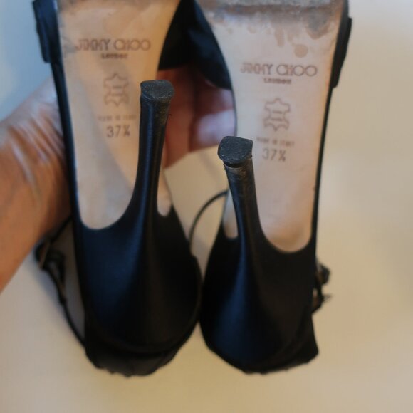 Womens Jimmy Choo Black Satin Ankle Strap Platform Open Toe Heels 37.5 US/7.5 * - Picture 10 of 12